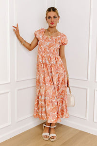 Vineyard Bound Smocked Midi In Orange Dress