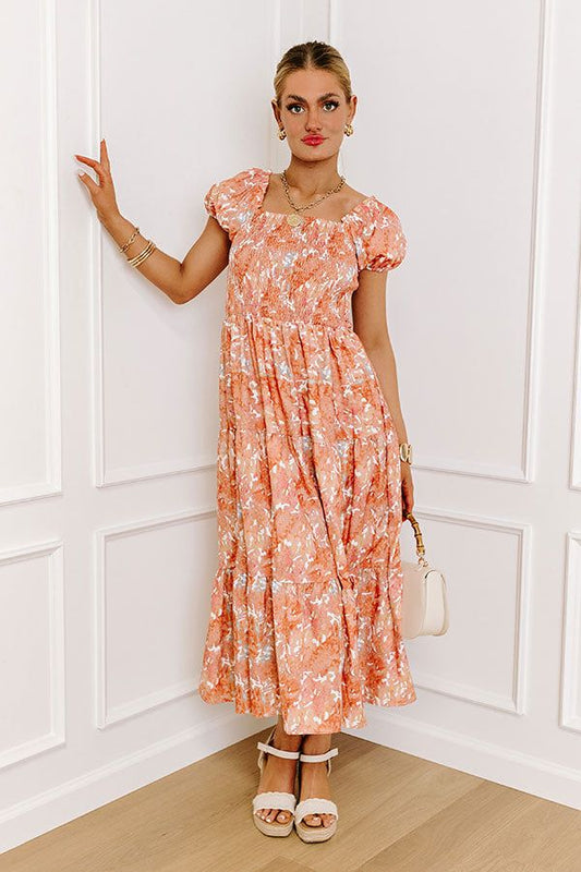 Vineyard Bound Smocked Midi In Orange Dress
