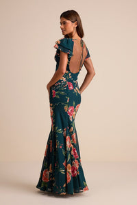 Resme Emerald Floral Flutter Sleeve Mermaid Maxi Dress