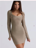 Long Sleeve Scoop Neck Bandage Mini Dress in Taupe