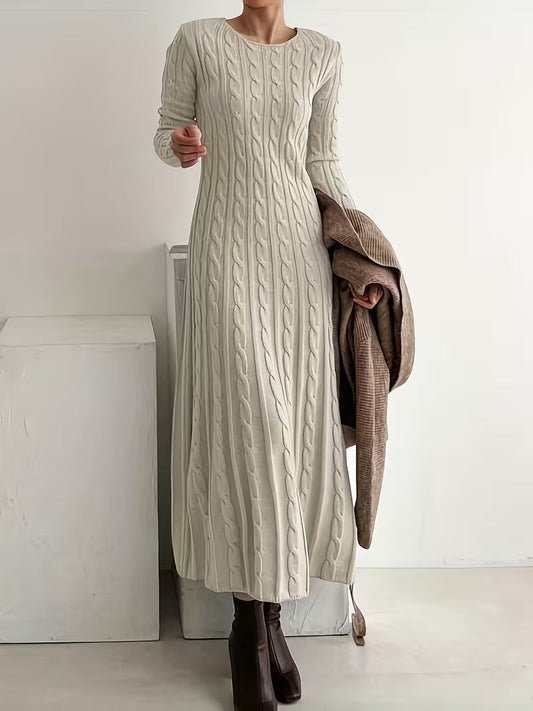 Jemima - Elegant Long Cable-Knit Dress – Apricot