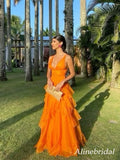 Orange Ruffled V-Neck A-Line Tulle Evening Dress