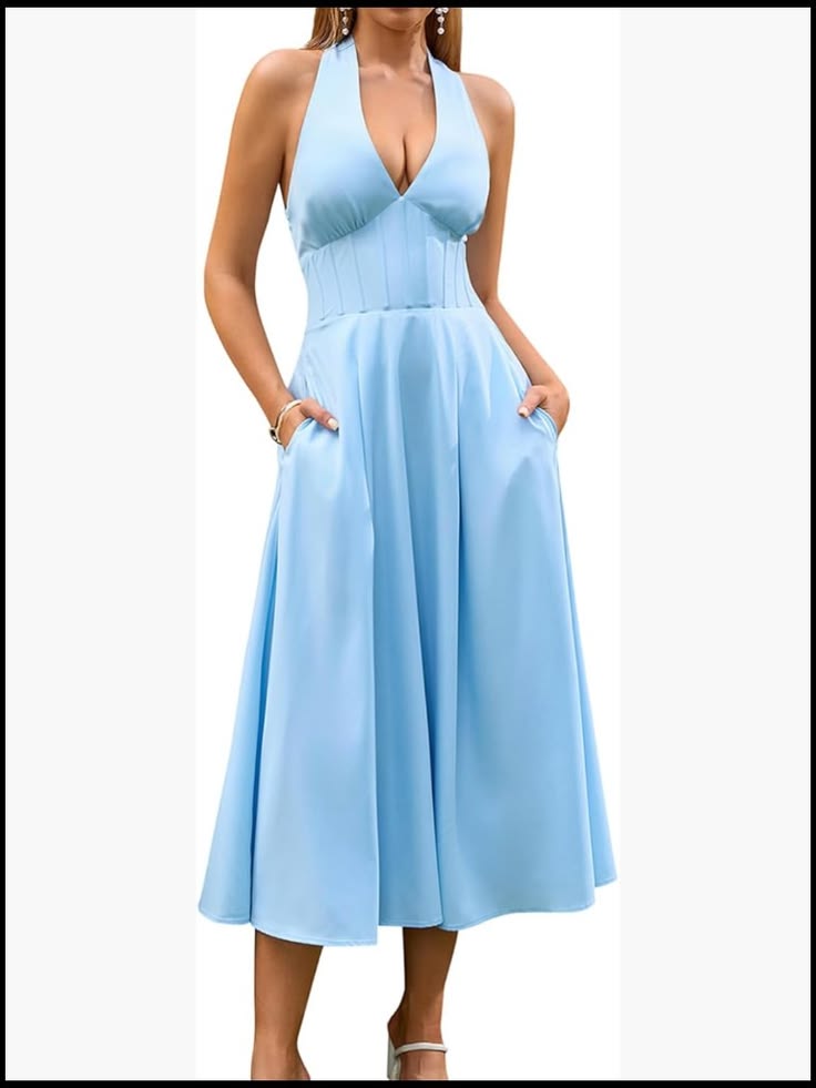 Floral Halter Corset Midi Sun Dress With Pockets Smocked Back Bow Tie