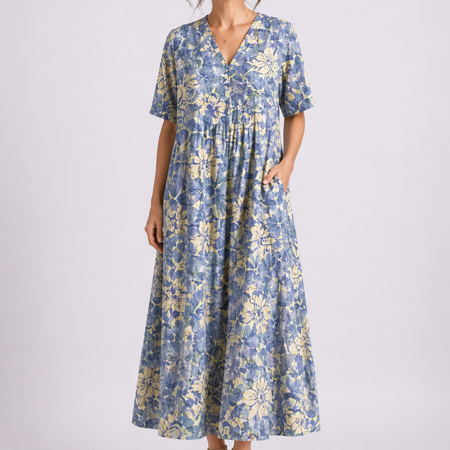 Cecily | Women's V-Neck Short Sleeve Floral Midi Dress