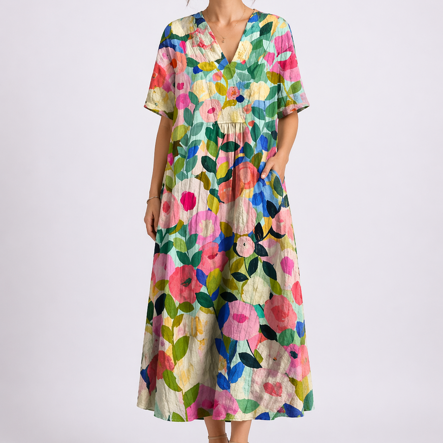 Cecily | Women's V-Neck Short Sleeve Floral Midi Dress