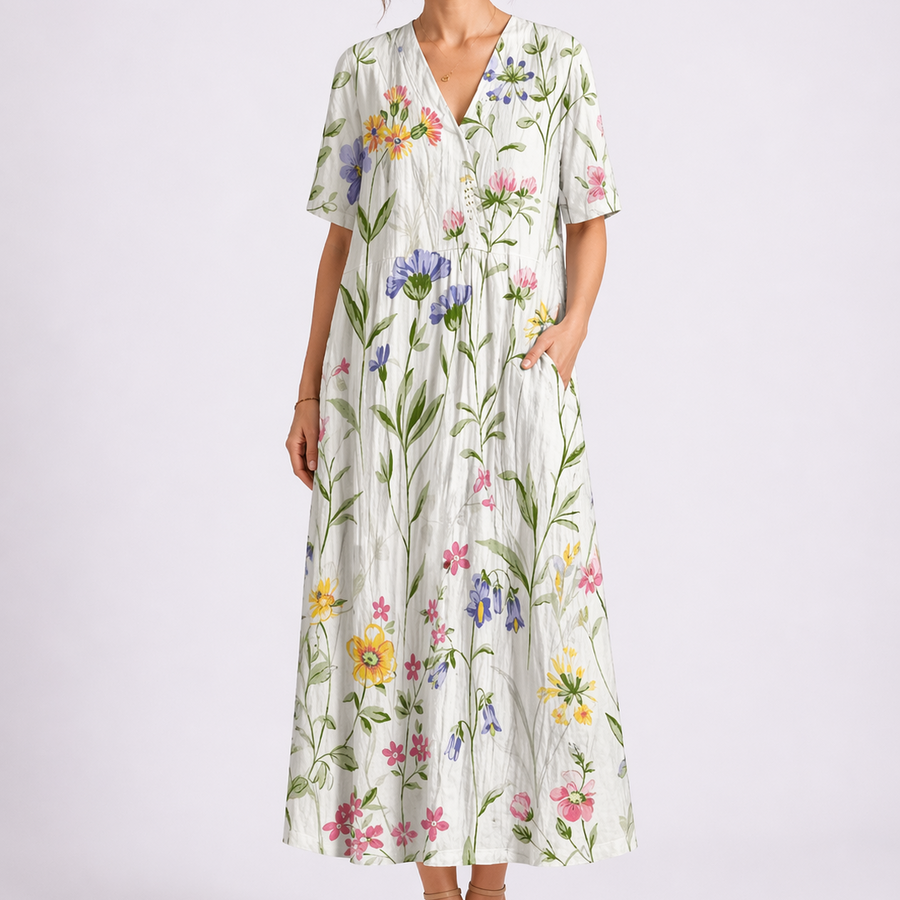 Cecily | Women's V-Neck Short Sleeve Floral Midi Dress