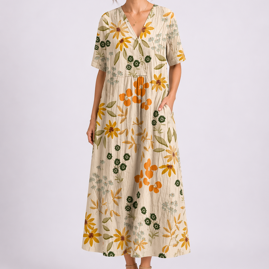 Cecily | Women's V-Neck Short Sleeve Floral Midi Dress
