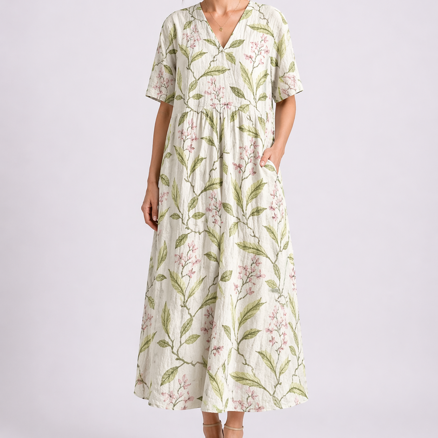 Cecily | Women's V-Neck Short Sleeve Floral Midi Dress