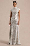 Cecy Silver Sequin High Neck Maxi Dress With Cap Sleeves