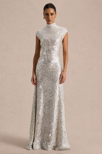 Cecy Silver Sequin High Neck Maxi Dress With Cap Sleeves