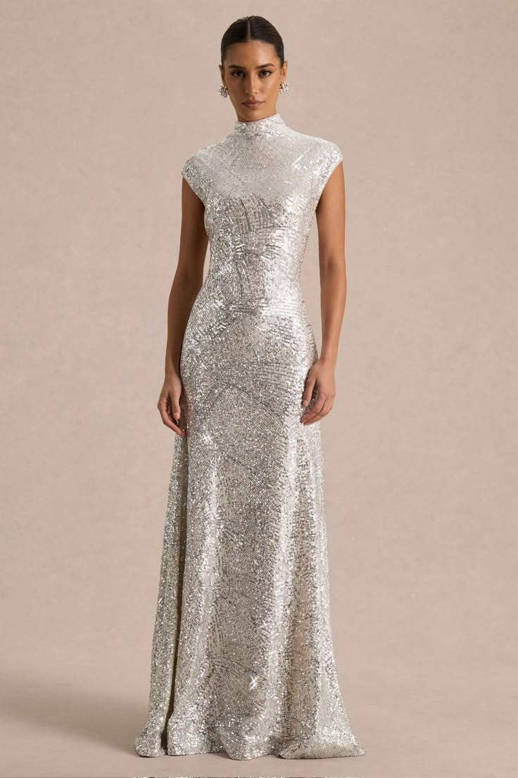 Cecy Silver Sequin High Neck Maxi Dress With Cap Sleeves