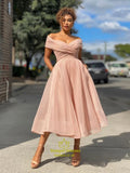 Pink A Line Organza Ruched Off The Shoulder Tea Length Prom Dress