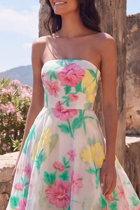 Daffodil Pink Flower A Line Strapless Long Formal Dress Daffodil Pink