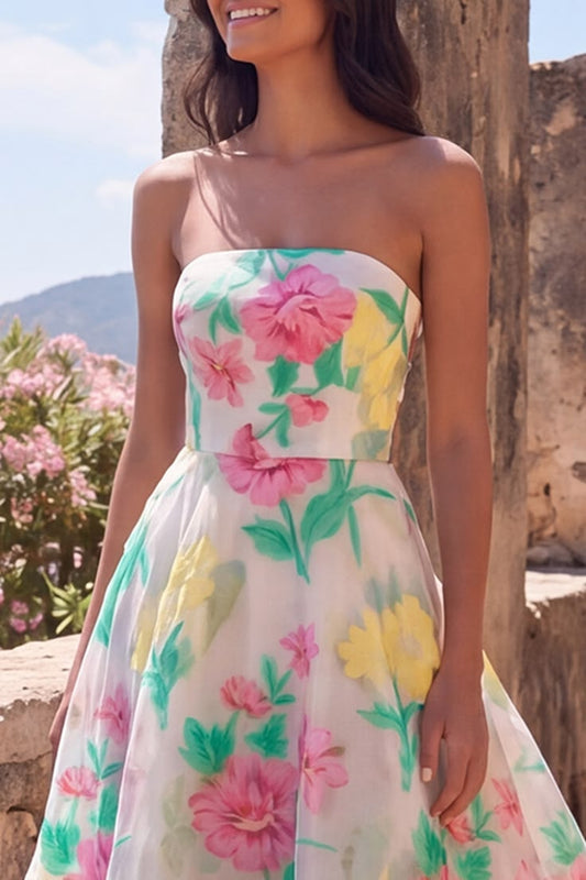 Daffodil Pink Flower A Line Strapless Long Formal Dress Daffodil Pink
