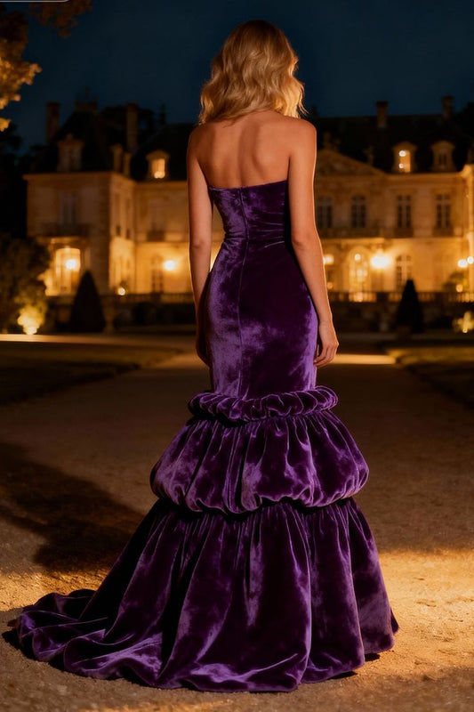 Purple Tiered Velvet Mermaid Long Holiday Party Dress With Ruffles