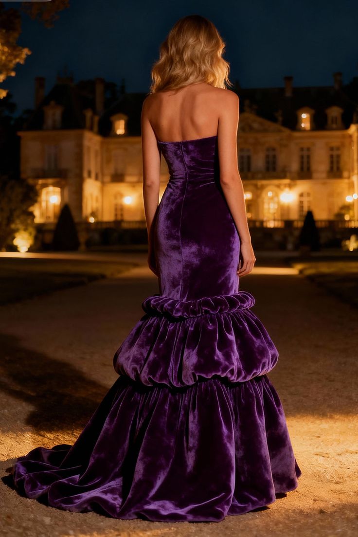 Purple Tiered Velvet Mermaid Long Holiday Party Dress With Ruffles