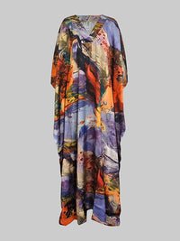 Batwing Sleeves Loose Gauze Printed Split-Joint V-Neck Maxi Dresses
