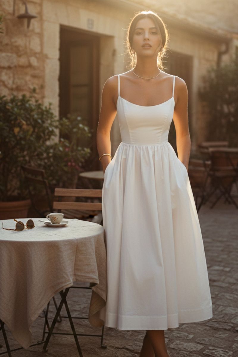 Celeste | Women's Scoop Neck Spaghetti Strap Midi Dress