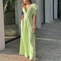 Celeste | Women's V-Neck Puff Sleeve Wide Leg Jumpsuit