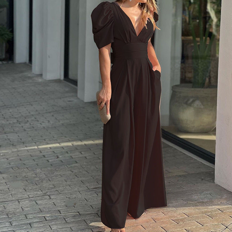 Celeste | Women's V-Neck Puff Sleeve Wide Leg Jumpsuit