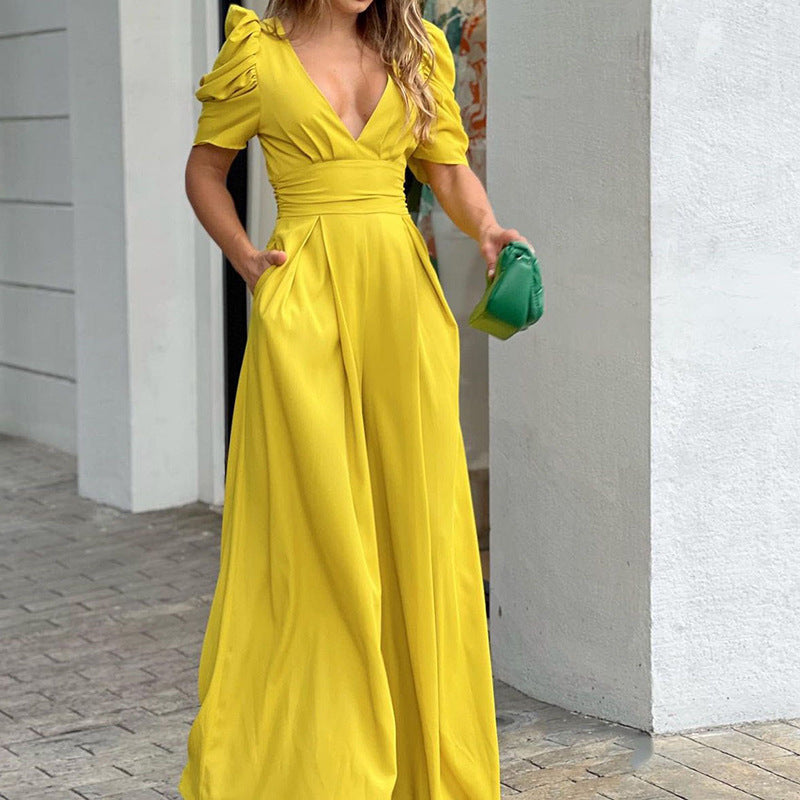 Celeste | Women's V-Neck Puff Sleeve Wide Leg Jumpsuit
