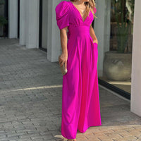 Celeste | Women's V-Neck Puff Sleeve Wide Leg Jumpsuit