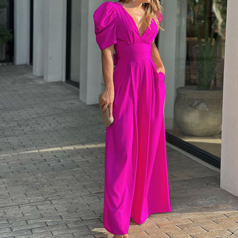 Celeste | Women's V-Neck Puff Sleeve Wide Leg Jumpsuit