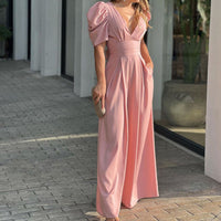 Celeste | Women's V-Neck Puff Sleeve Wide Leg Jumpsuit