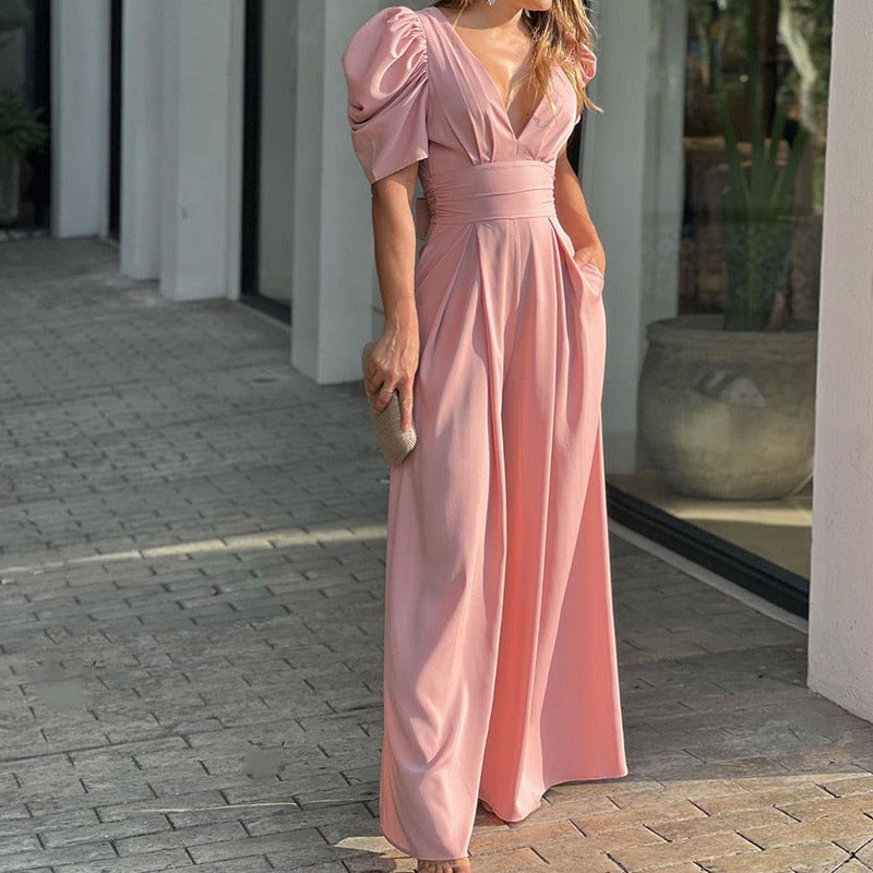 Celeste | Women's V-Neck Puff Sleeve Wide Leg Jumpsuit