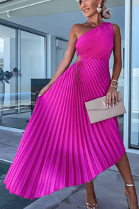 Cerys | Women's One Shoulder Pleated Midi Dress