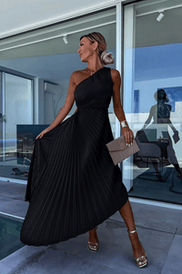 Cerys | Women's One Shoulder Pleated Midi Dress