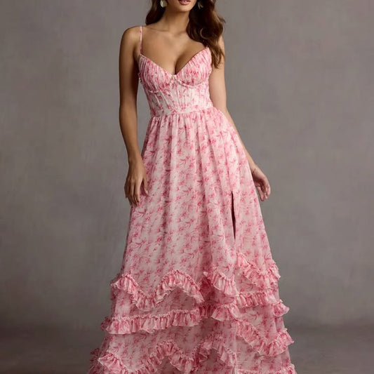Dress Pink Floral Ruffled Spaghetti Strap Bridesmaid Dress Color: Pink