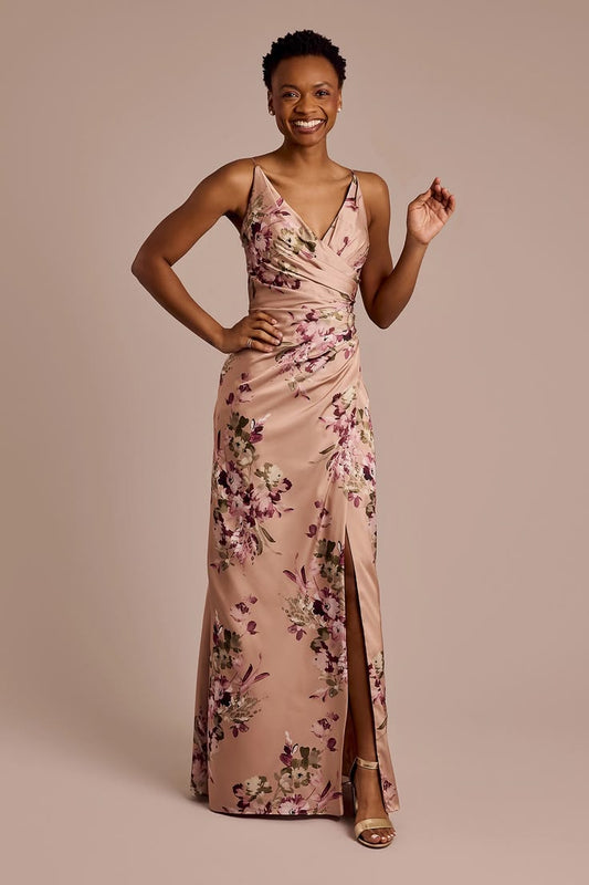 Galina Signature Draped Floral Charmeuse Strappy Bridesmaid Dress In