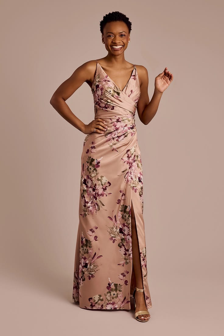 Galina Signature Draped Floral Charmeuse Strappy Bridesmaid Dress In