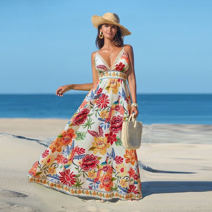 Cupshe Women's Vibrant Floral Print Maxi Dress For Beach Getaways L
