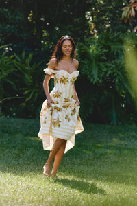 Farm Rio Lemon Birds Cotton Off Shoulder Midi Dress
