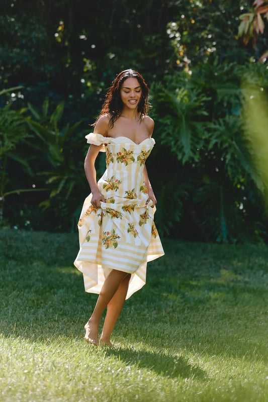 Farm Rio Lemon Birds Cotton Off Shoulder Midi Dress