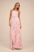Celebratory Aesthetic Pink Floral Pleated Strapless Maxi Dress