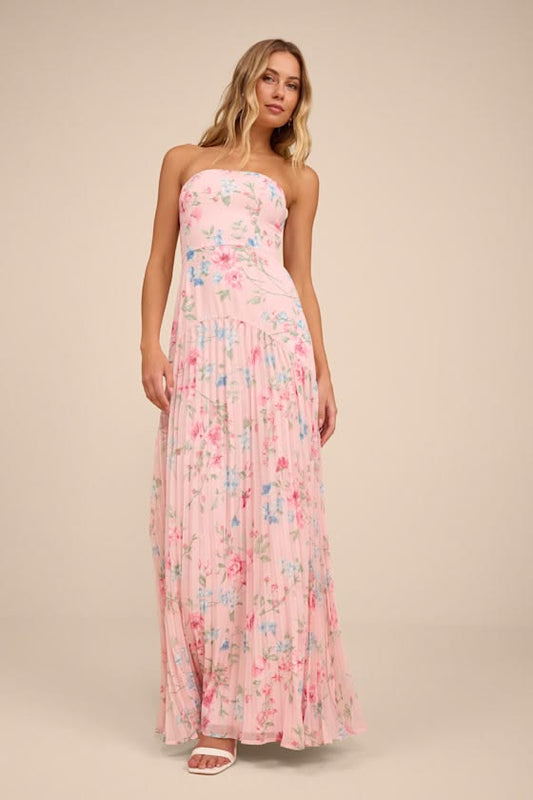 Celebratory Aesthetic Pink Floral Pleated Strapless Maxi Dress