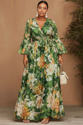 Xpluswear Design Plus Size Vacation Green Floral Wrap Neck Puff Sleeve