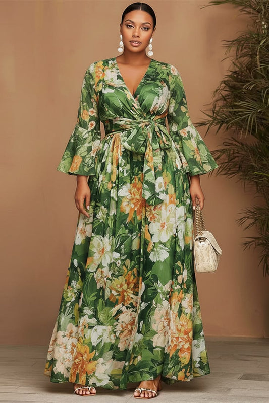 Xpluswear Design Plus Size Vacation Green Floral Wrap Neck Puff Sleeve