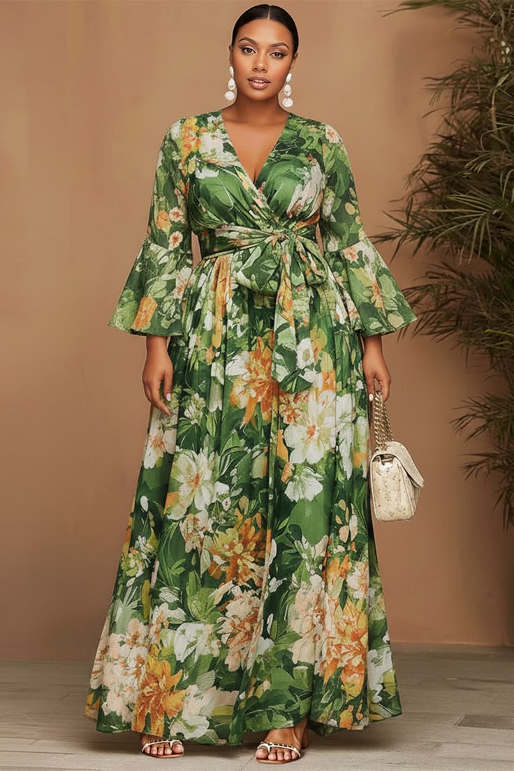 Xpluswear Design Plus Size Vacation Green Floral Wrap Neck Puff Sleeve