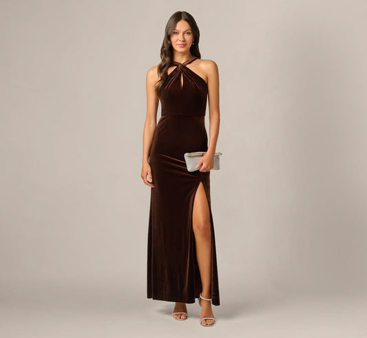 Velvet Keyhole Halter Mermaid Gown In Dark Brown Dark Brown Regular