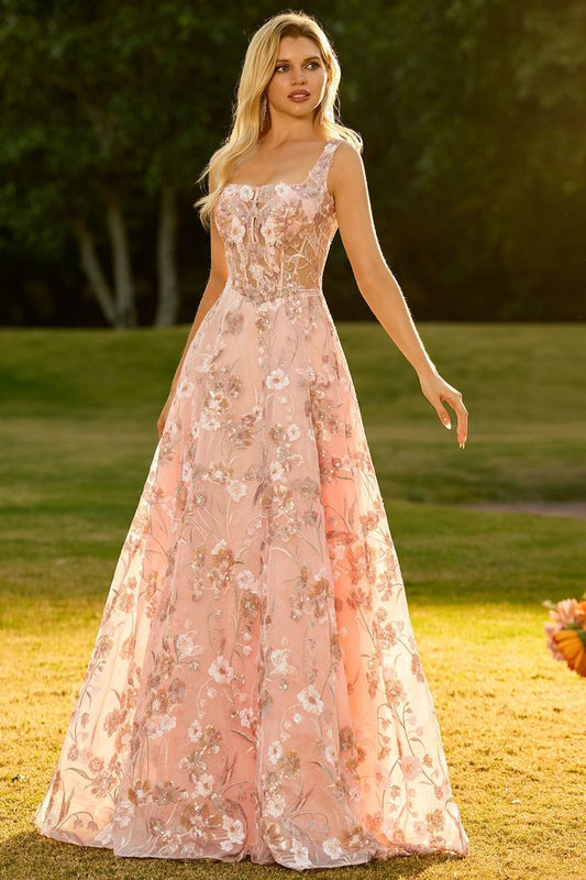 Sparkly Pink Floral A Line Sequins Long Corset Prom Dress Pink