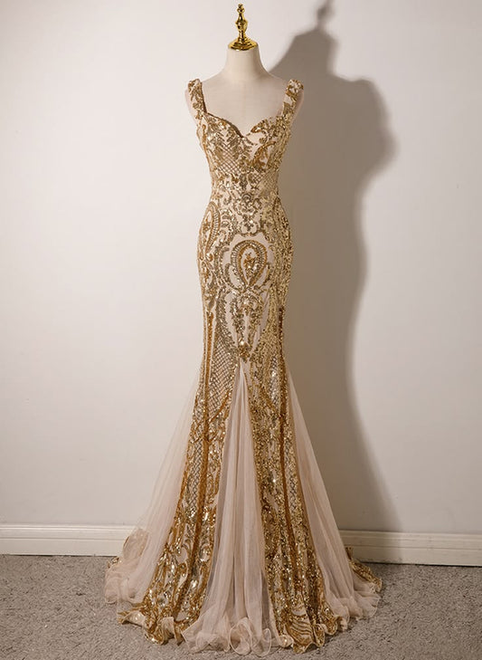 Champagne Mermaid Sequins Straps Long Party Dress, Champagne Prom