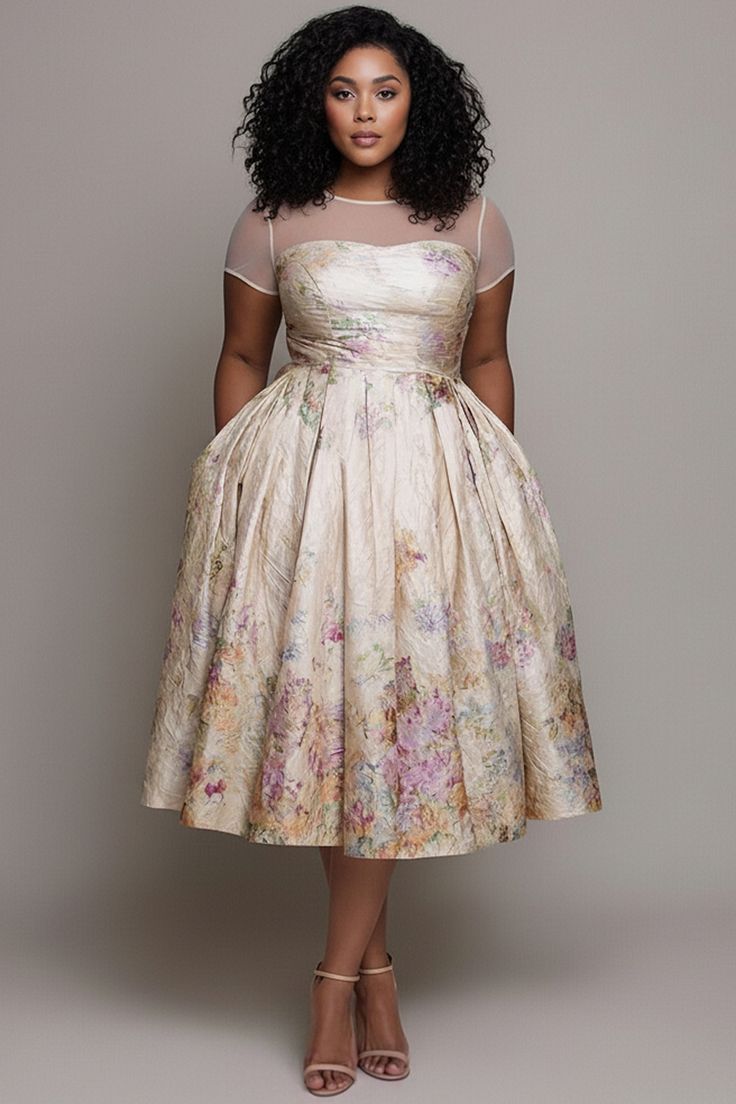 Champagne Plus Size Multicolor Floral Wedding Guest Dress