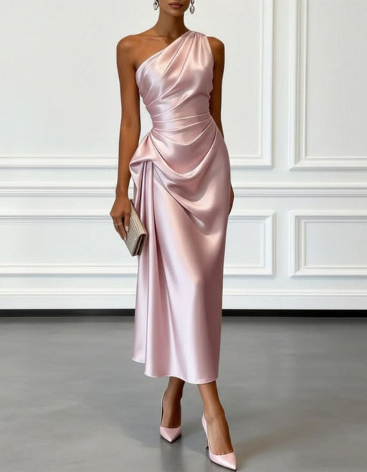 Champagne Satin Midi Dress Women One Shoulder Pleated Red