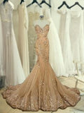 Champagne Trumpet Mermaid Sleeveless Sweetheart Sweep Brush Train