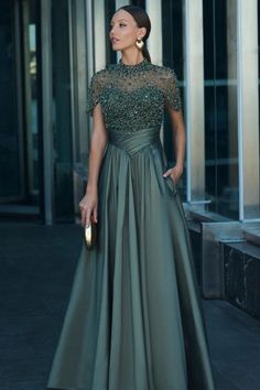 Charming Dark Green Satin Aline Evening Dress Short Sleeves With