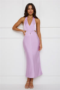 Chic Soiree Satin Halter Midi Dress Lilac XS Purple